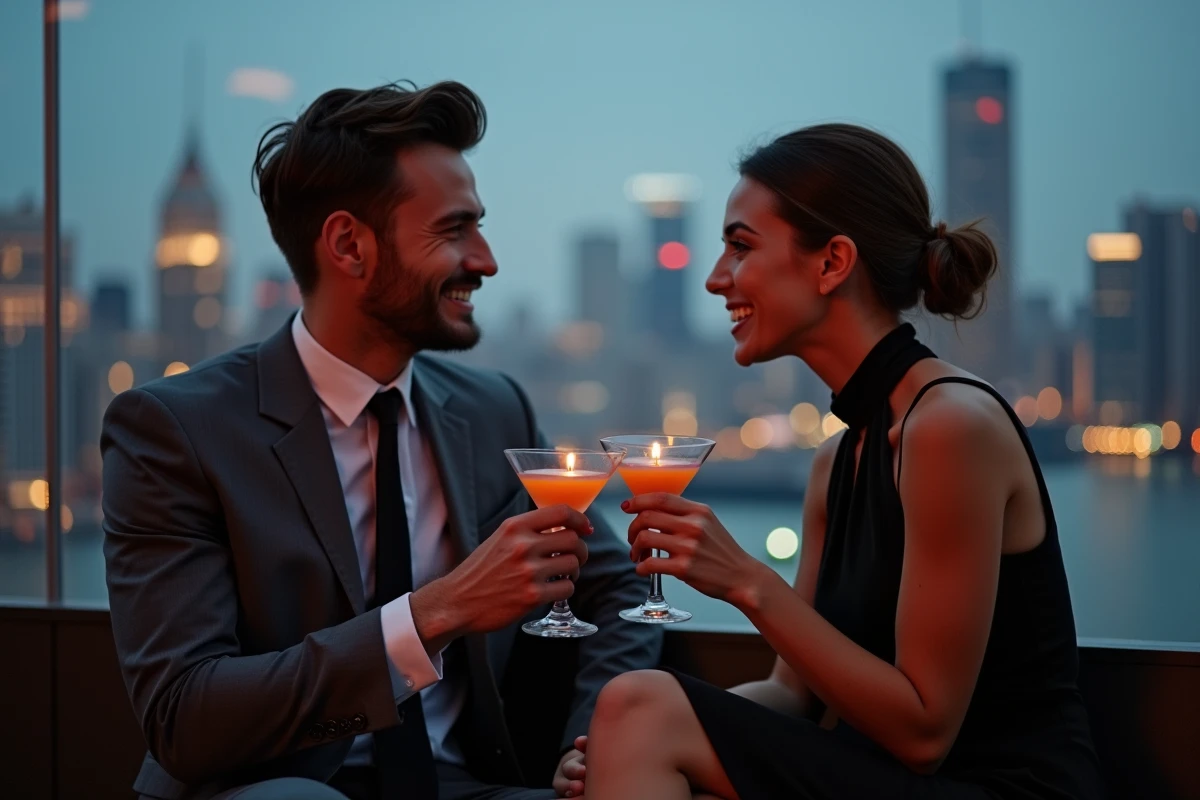 Couple glamour conversant sur un rooftop avec vue sur skyline urbain, ambiance soirée chic et romantique