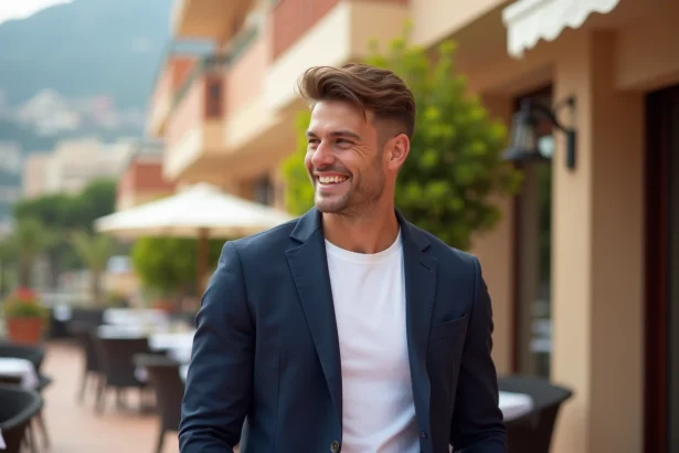 Jeune homme sportif souriant en veste bleue sur une terrasse de restaurant à Monaco, ambiance couple élégant
