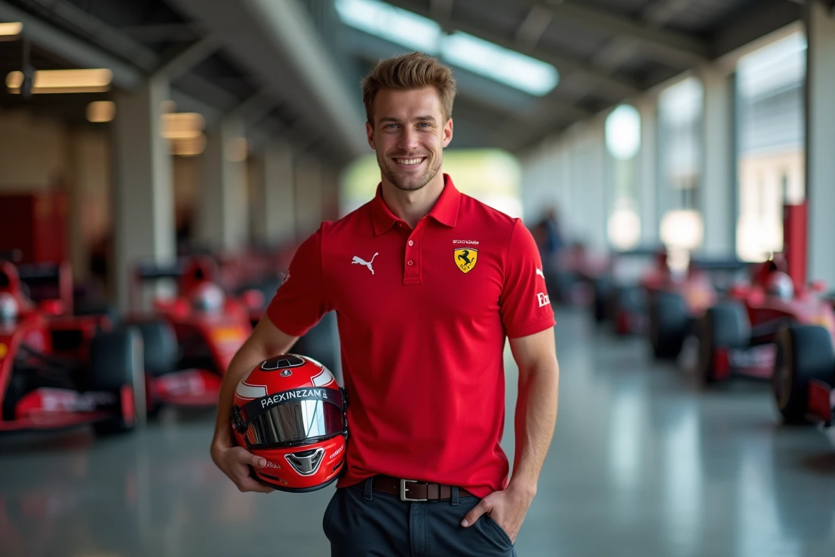 Pilote de Formule 1 souriant en polo rouge devant un garage de paddock, portrait éditorial sport automobile
