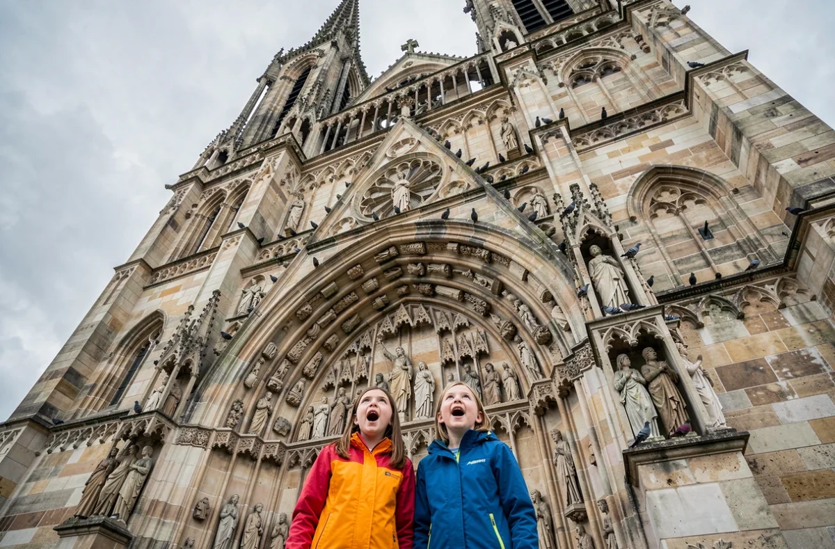 Deux fillettes admirant la façade gothique de la Cathédrale Notre-Dame d'Amiens