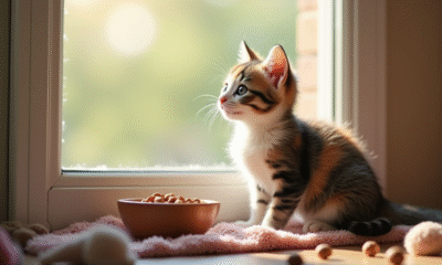 Chaton calico assis sur une fenêtre ensoleillée