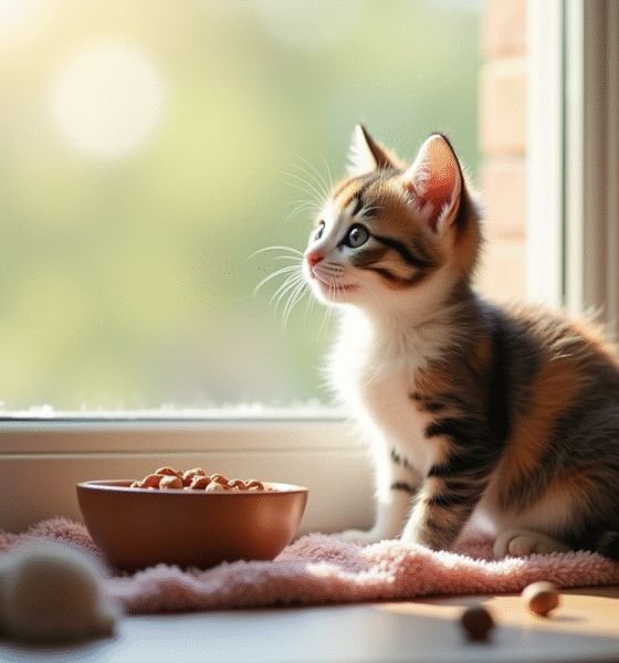 Chaton calico assis sur une fenêtre ensoleillée