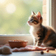 Chaton calico assis sur une fenêtre ensoleillée