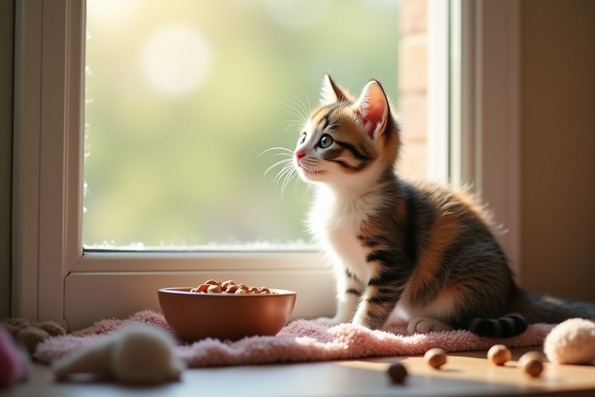 Chaton calico assis sur une fenêtre ensoleillée
