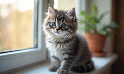 Chaton gris aux yeux bleus sur une fenêtre lumineuse