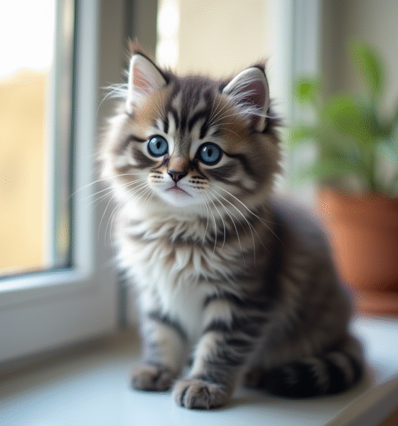 Chaton gris aux yeux bleus sur une fenêtre lumineuse