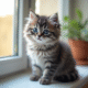 Chaton gris aux yeux bleus sur une fenêtre lumineuse