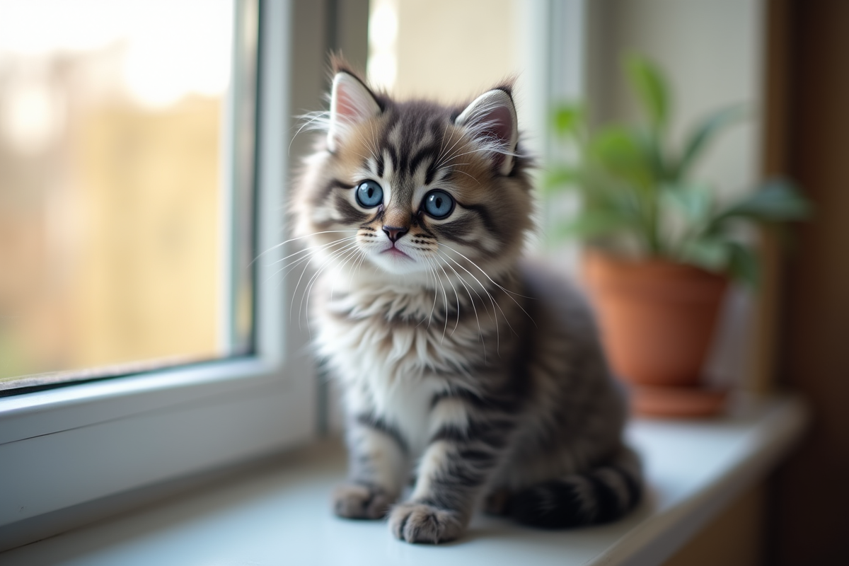 Chaton gris aux yeux bleus sur une fenêtre lumineuse