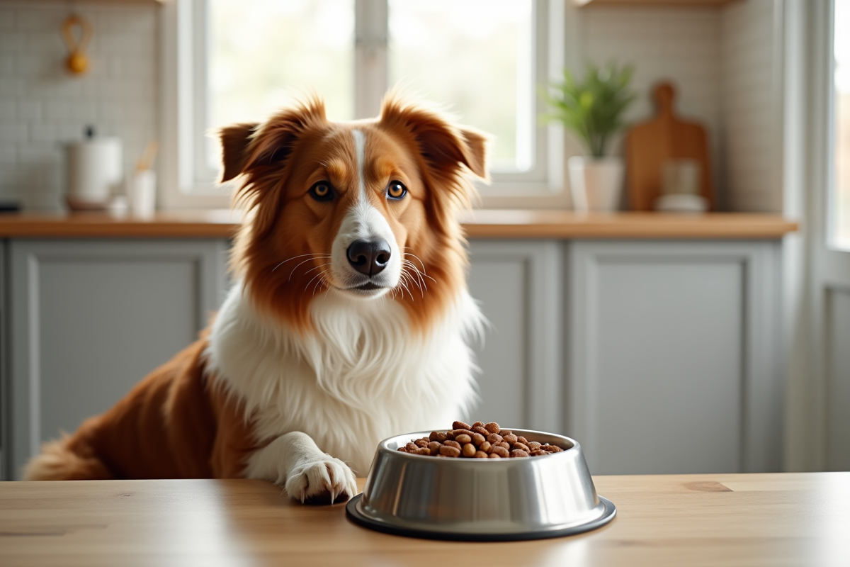 Australian Shepherd rouge merle mangeant dans une cuisine lumineuse