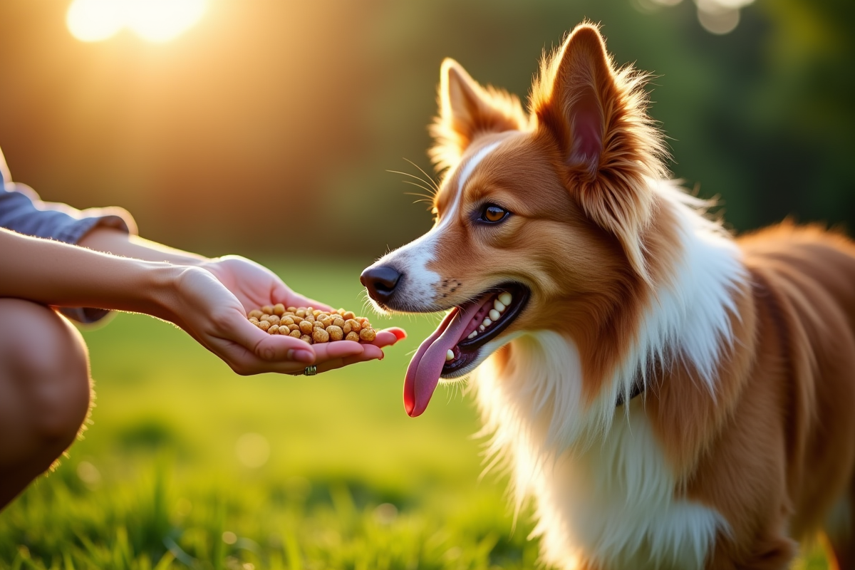Chien Australian Shepherd rouge merle recevant de la nourriture en plein air
