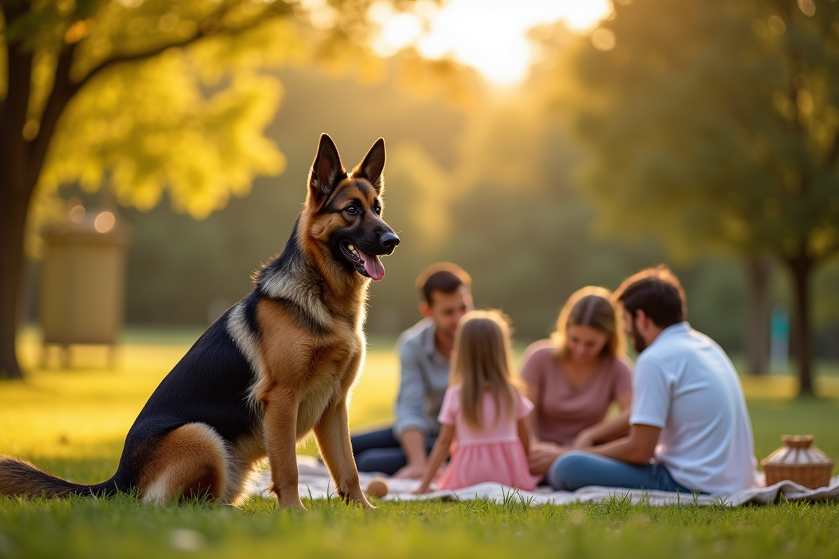Chien mix berger allemand malinois assis avec famille au parc