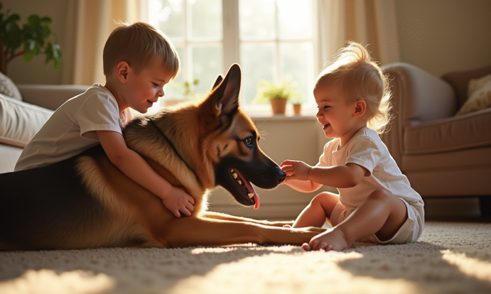 Chien berger allemand et malinois jouant avec enfants dans le salon