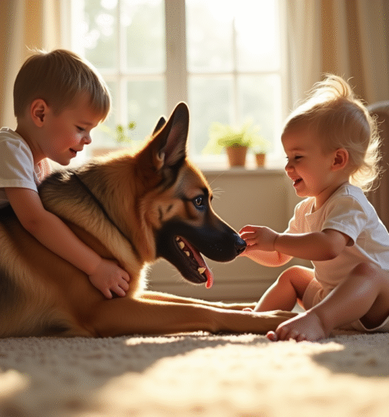 Chien berger allemand et malinois jouant avec enfants dans le salon