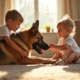 Chien berger allemand et malinois jouant avec enfants dans le salon