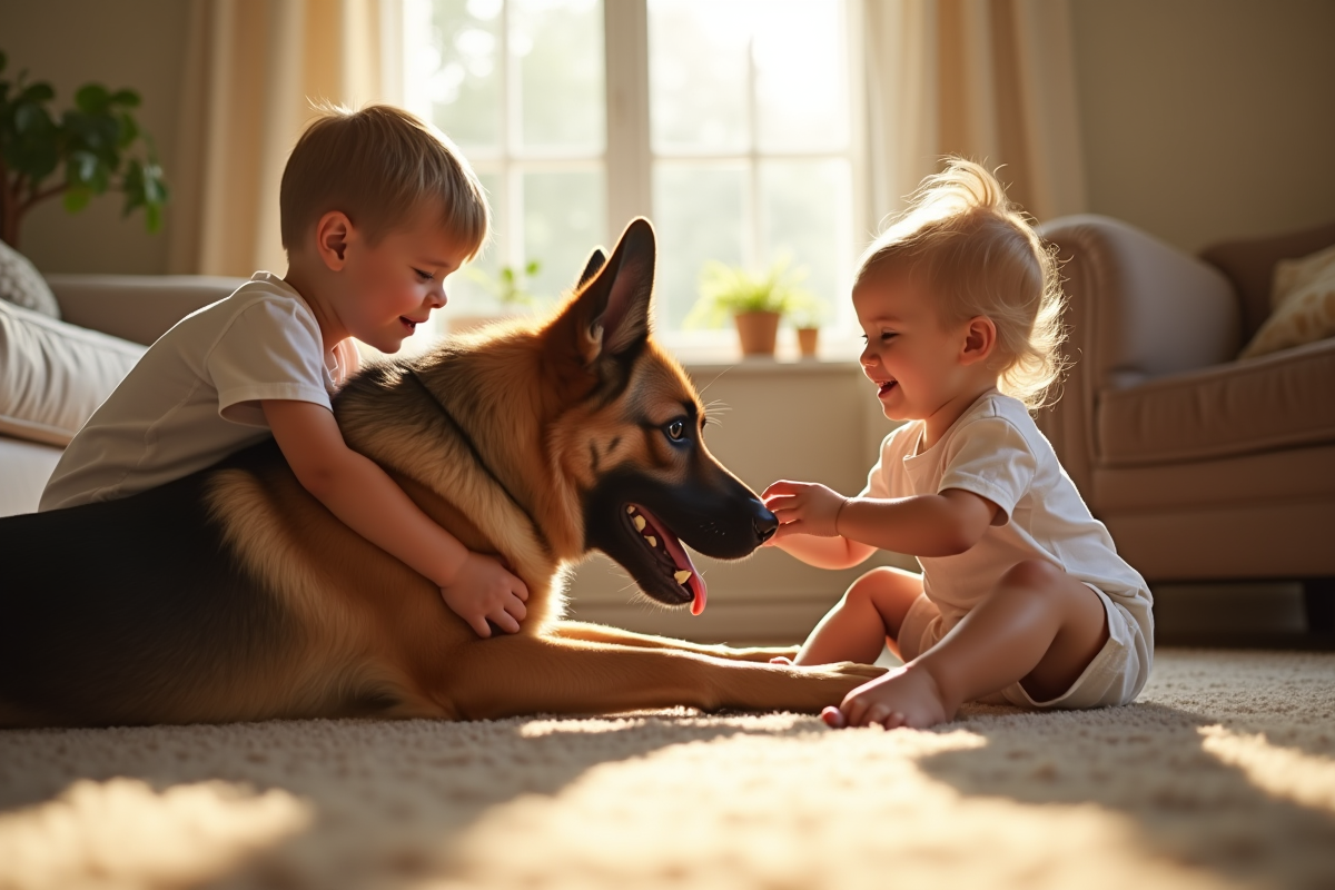 Chien berger allemand et malinois jouant avec enfants dans le salon