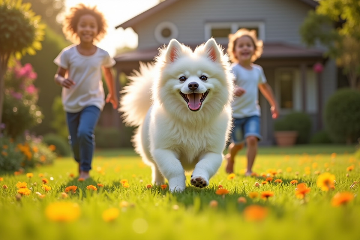 Chien japonais courant avec enfants dans un jardin ensoleille