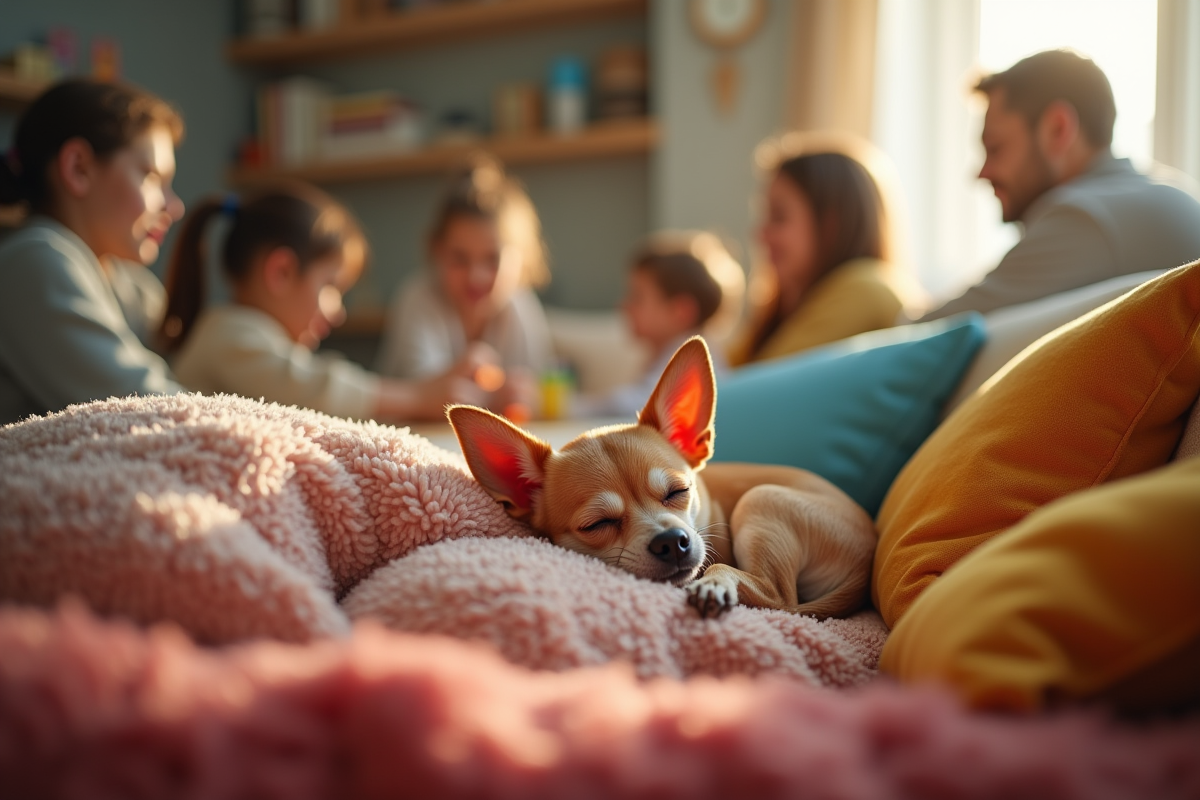 Chihuahua endormi sur un canapé coloré en famille