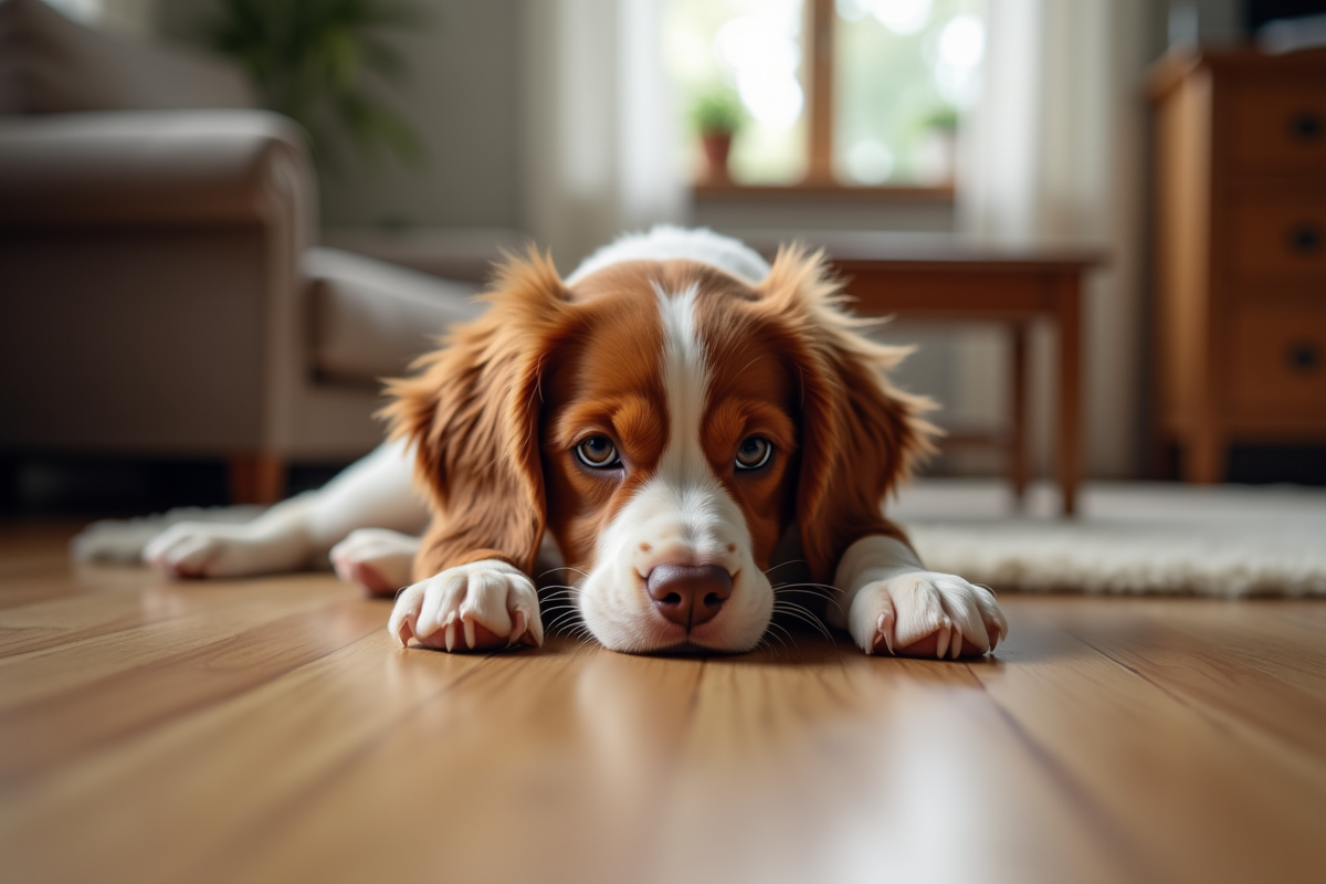 Chiot Brittany Spaniel reposant sur le sol en intérieur