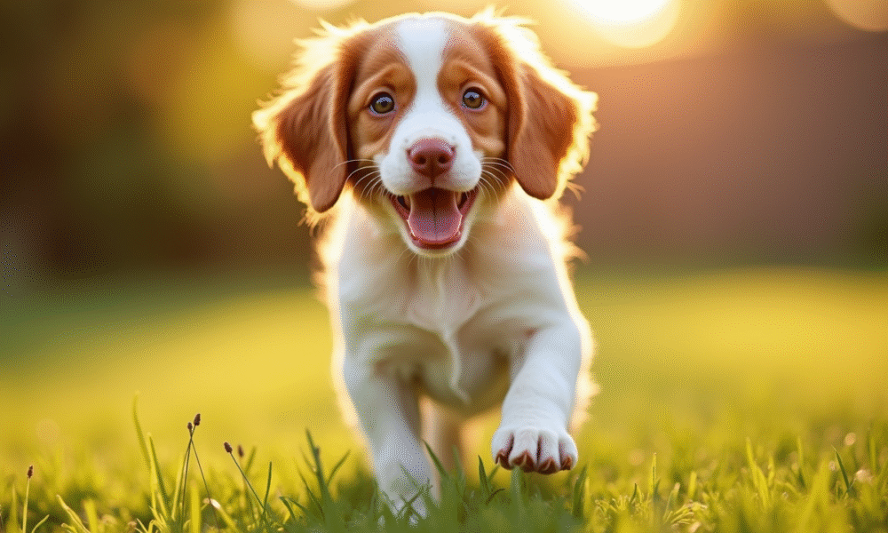 Jeune chiot Brittany Spaniel jouant dans le jardin ensoleille