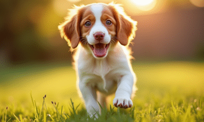 Jeune chiot Brittany Spaniel jouant dans le jardin ensoleille