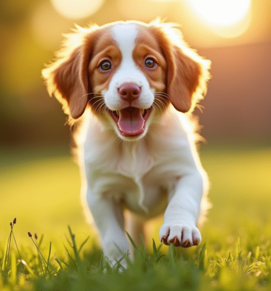 Jeune chiot Brittany Spaniel jouant dans le jardin ensoleille
