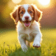 Jeune chiot Brittany Spaniel jouant dans le jardin ensoleille