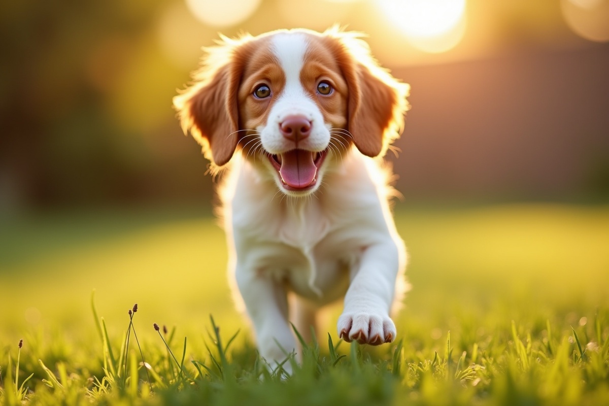 Jeune chiot Brittany Spaniel jouant dans le jardin ensoleille