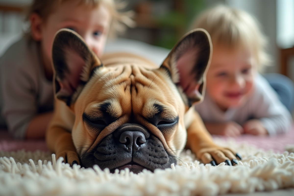 Chiot bulldog français dormant avec enfants qui jouent