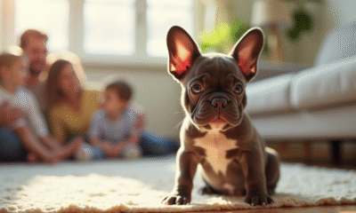 Petit chiot bulldog français dans un salon ensoleille