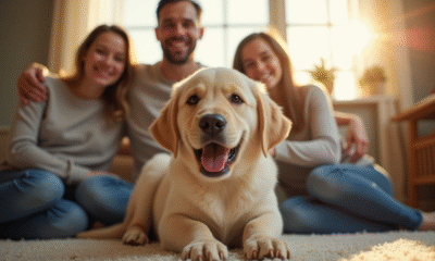 Chiot labrador souriant avec famille dans le salon