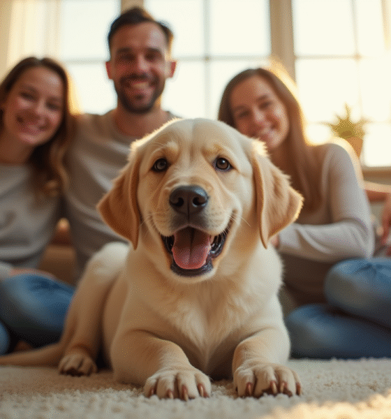 Chiot labrador souriant avec famille dans le salon