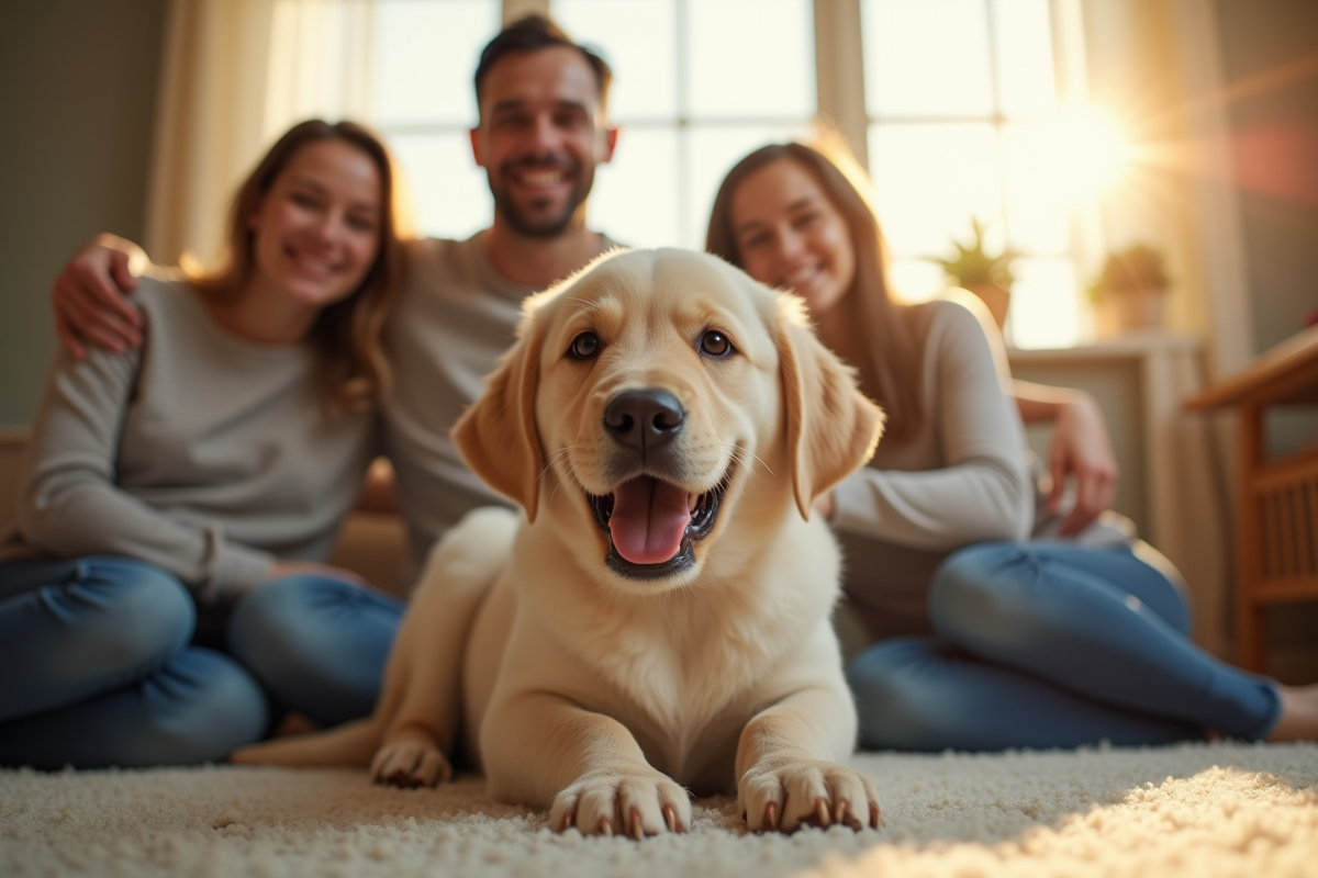 Chiot labrador souriant avec famille dans le salon