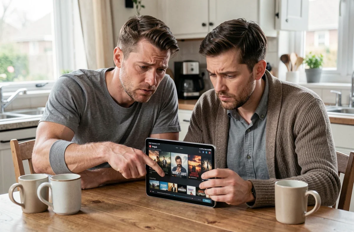 Couple en train de choisir un film en famille sur une tablette dans une cuisine, l'air indécis face aux nombreuses options