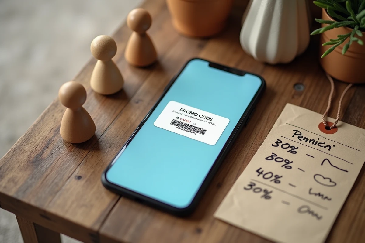 Smartphone affichant un code promo jouets en bois posé sur une table en bois avec des jouets et une liste de courses