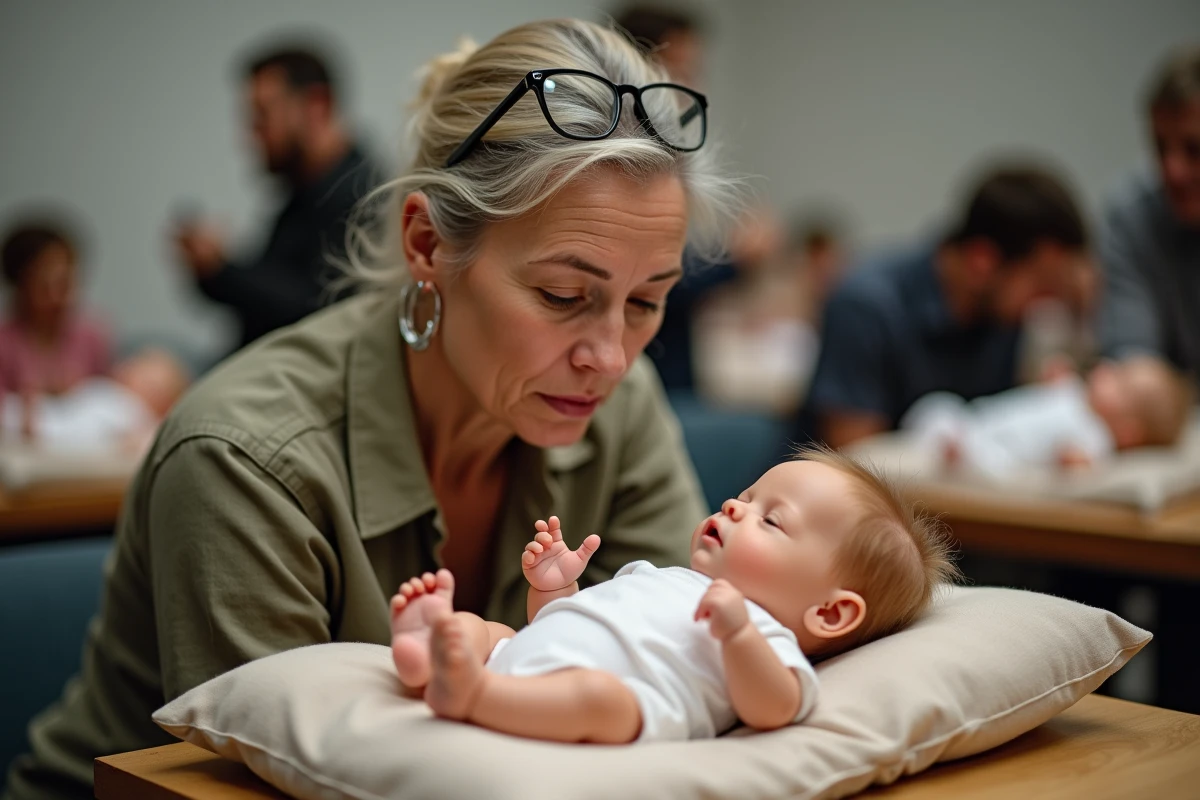 Collectionneuse adulte examinant avec attention une poupée bébé reborn fille très réaliste posée sur un coussin en velours lors d'une foire de collectionneurs