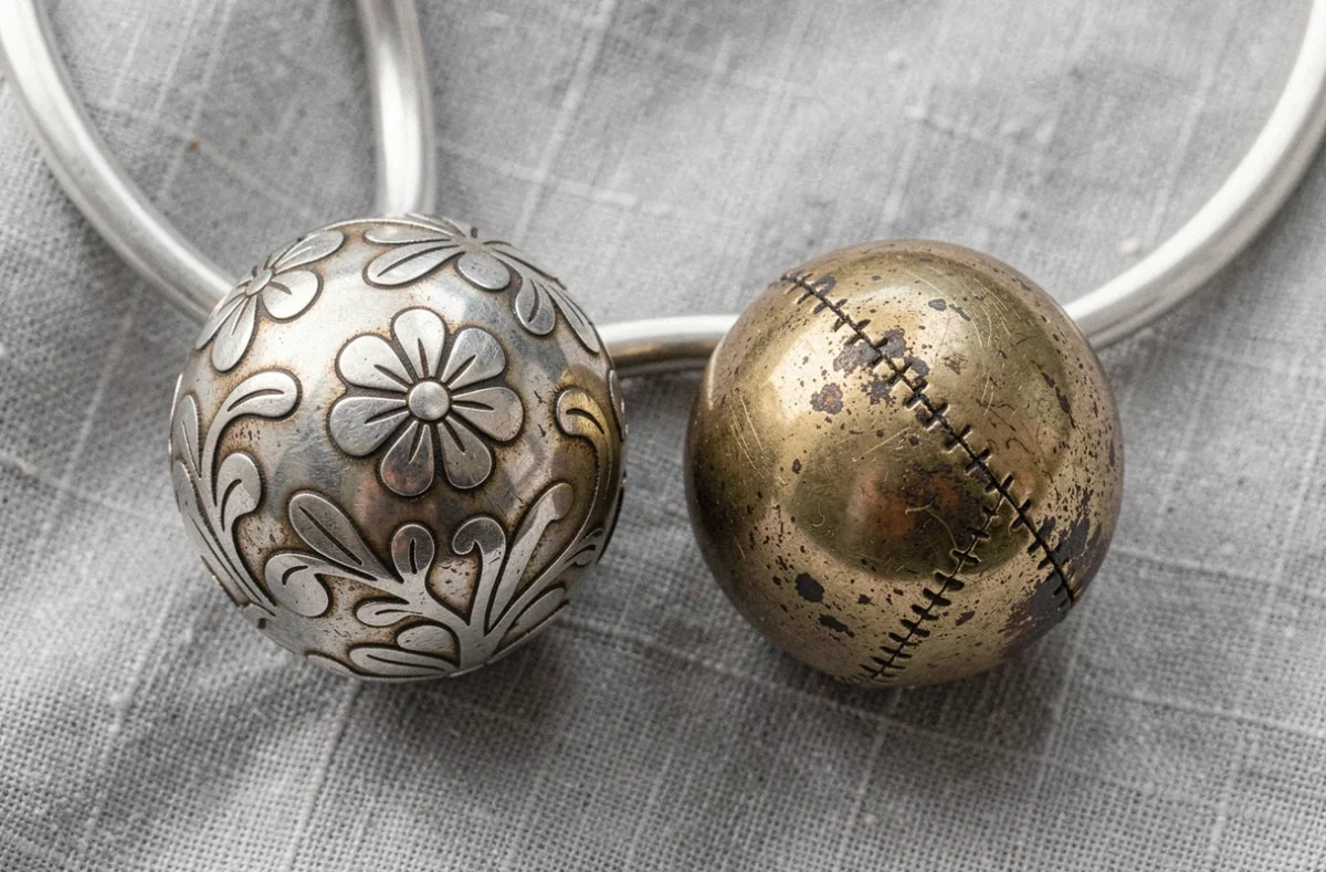 Comparaison entre une vraie bola de grossesse en argent et une contrefaçon posées sur un tissu en lin gris