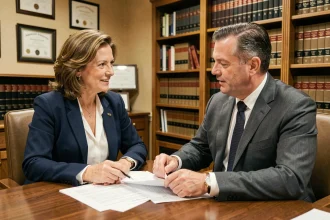 Une femme consultant un avocat dans un cabinet juridique pour se défendre en invoquant l'article 220 du Code civil sur les dettes ménagères