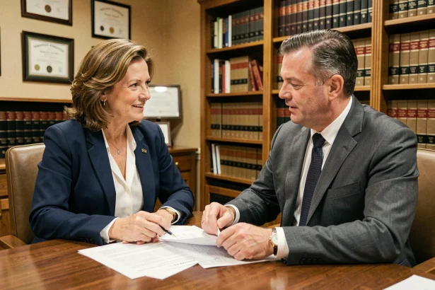 Une femme consultant un avocat dans un cabinet juridique pour se défendre en invoquant l'article 220 du Code civil sur les dettes ménagères