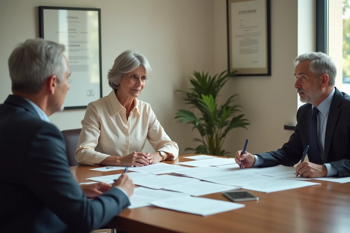 Une femme consultant un notaire autour d'un testament olographe avec plusieurs légataires dans un bureau professionnel contemporain