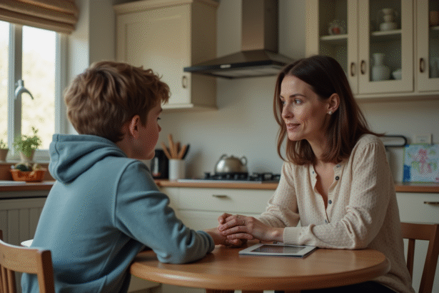 Femme et enfant discutent dans la cuisine chaleureuse