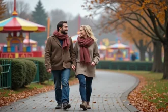 Couple d'âge moyen marchant dans un parc d'attractions en Alsace