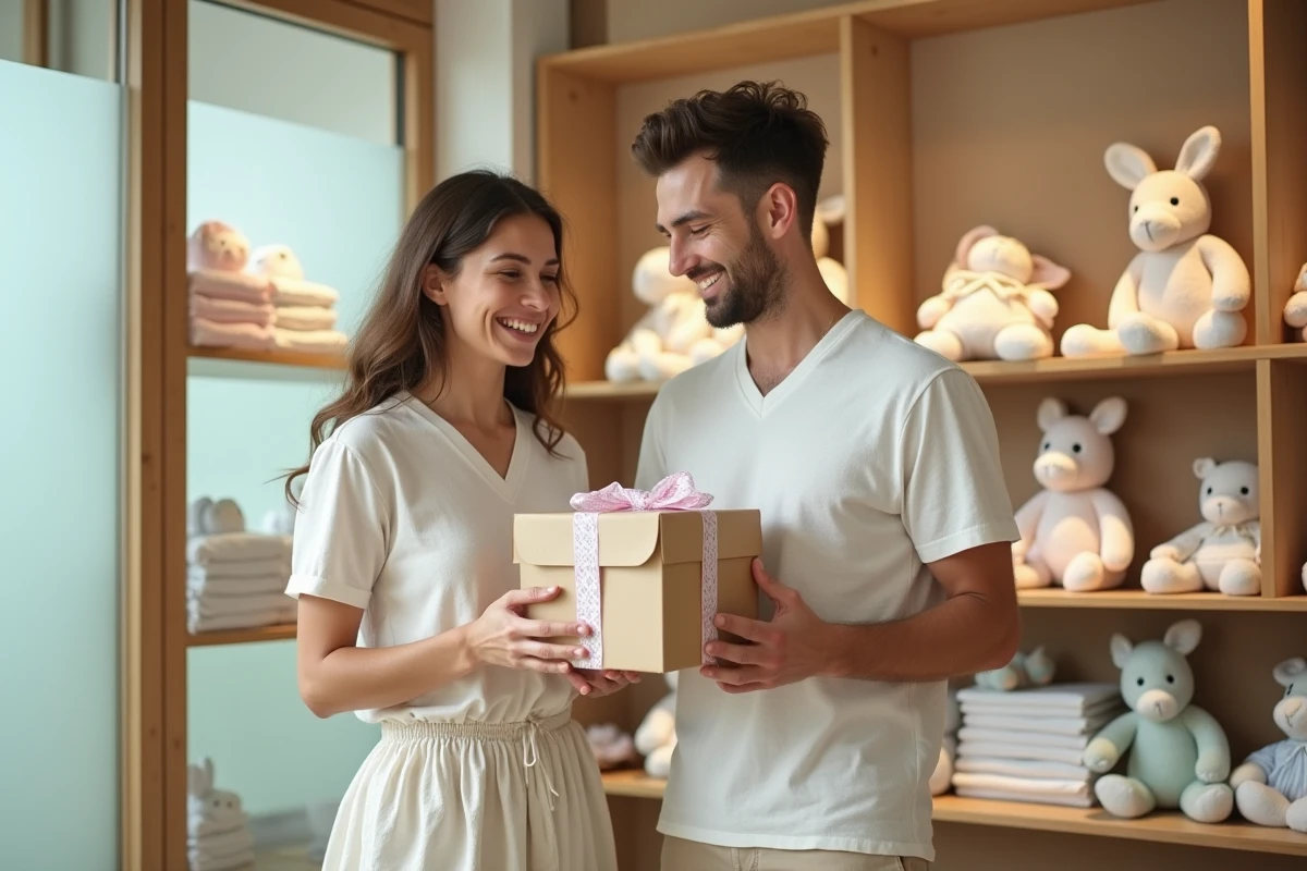 Couple dans une boutique pour bébé comparant deux cadeaux identiques pour éviter les doublons