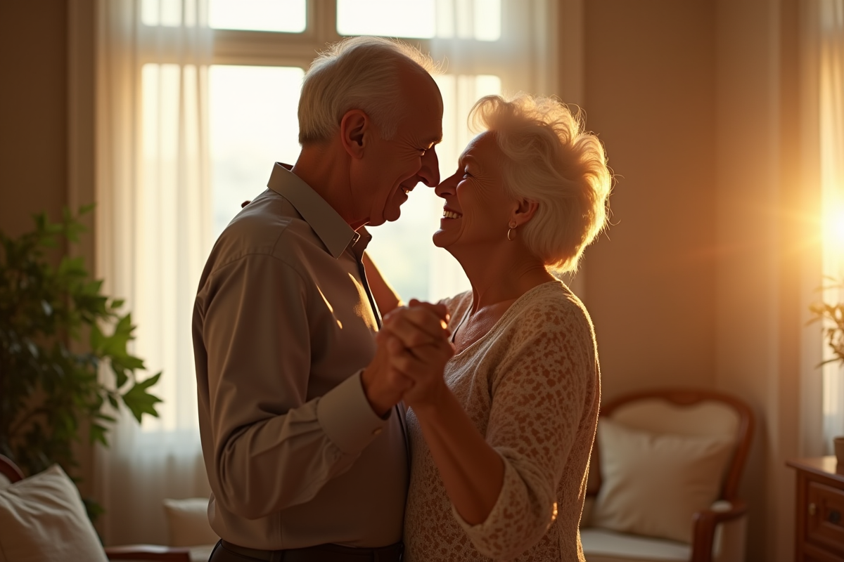 Couple de seniors dansant dans un salon lumineux