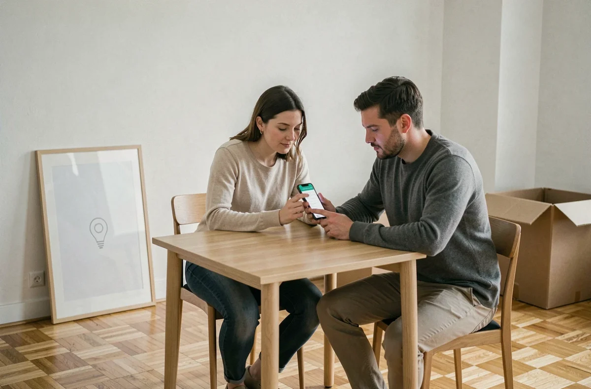 Couple consulte le site de la CAF sur smartphone dans leur nouvel appartement après un déménagement récent