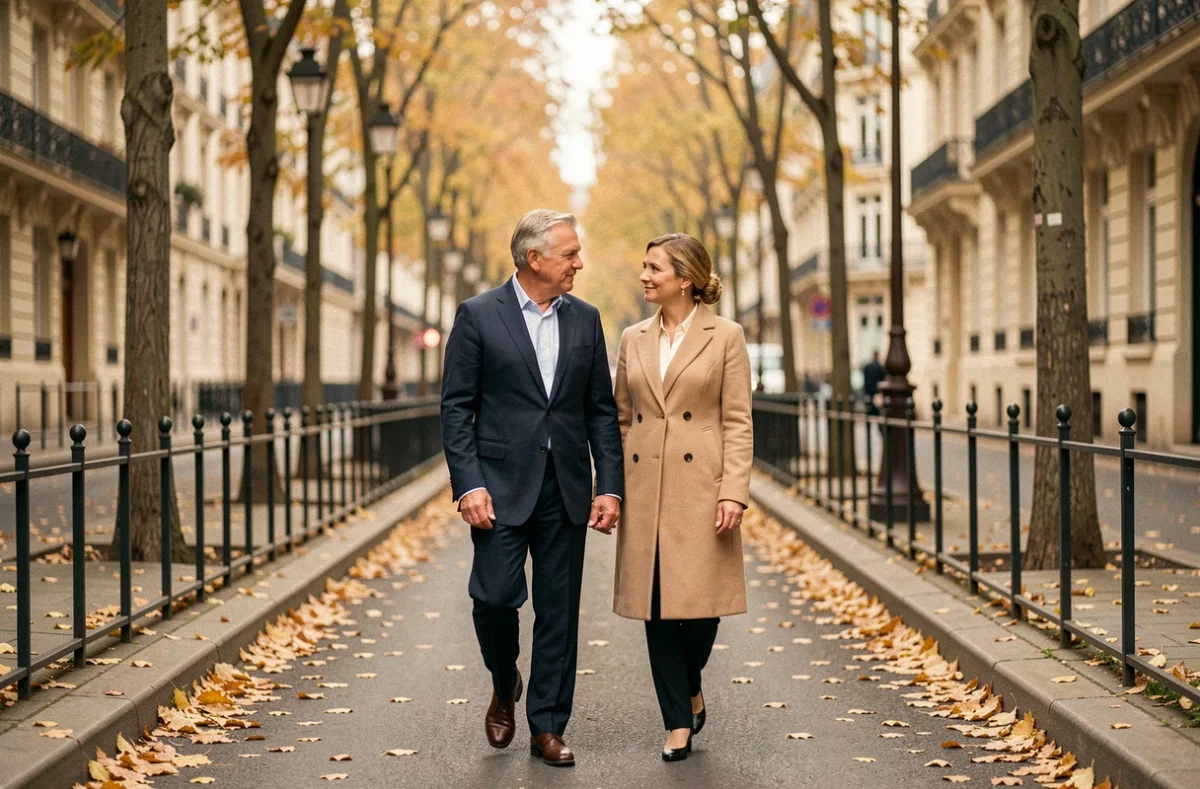 Couple discret et élégant se promenant sur un trottoir parisien en automne, symbolisant la vie privée préservée et la discrétion familiale d'un grand dirigeant français