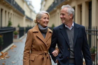 Couple discret marchant main dans la main dans une rue parisienne en automne, illustrant une vie amoureuse loin des projecteurs