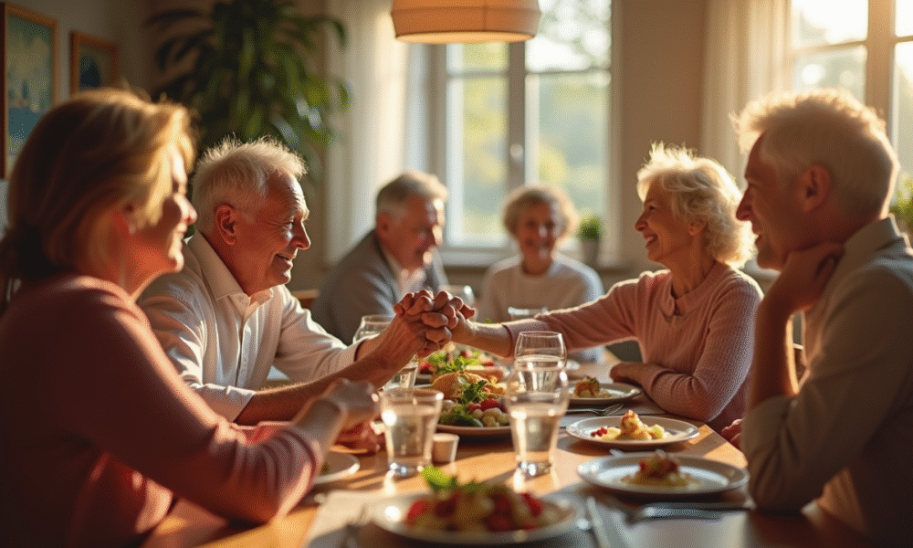 Couple âgé tenant la main lors d'un repas familial lumineux