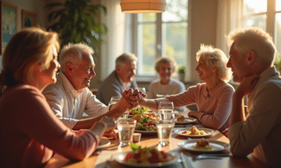 Couple âgé tenant la main lors d'un repas familial lumineux