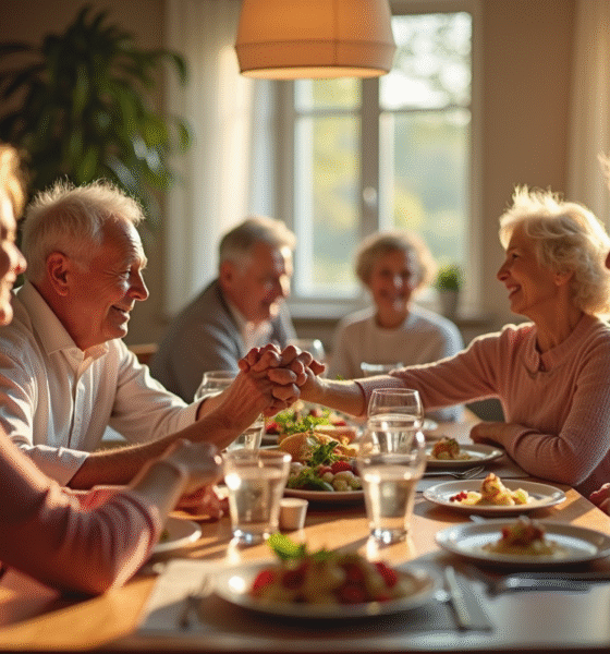 Couple âgé tenant la main lors d'un repas familial lumineux