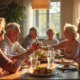 Couple âgé tenant la main lors d'un repas familial lumineux